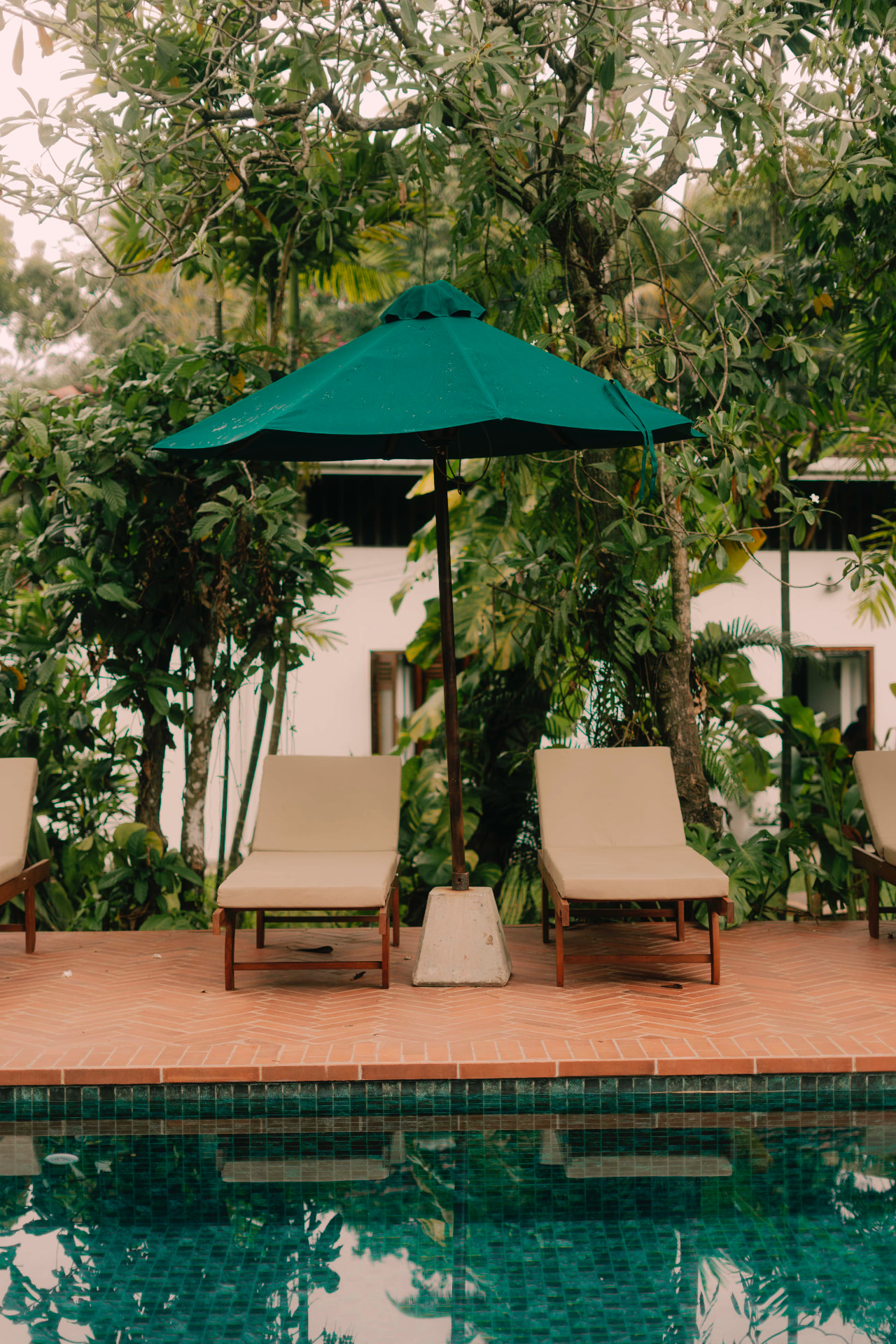 Poolside loungers beneath a green umbrella by the retreat pool