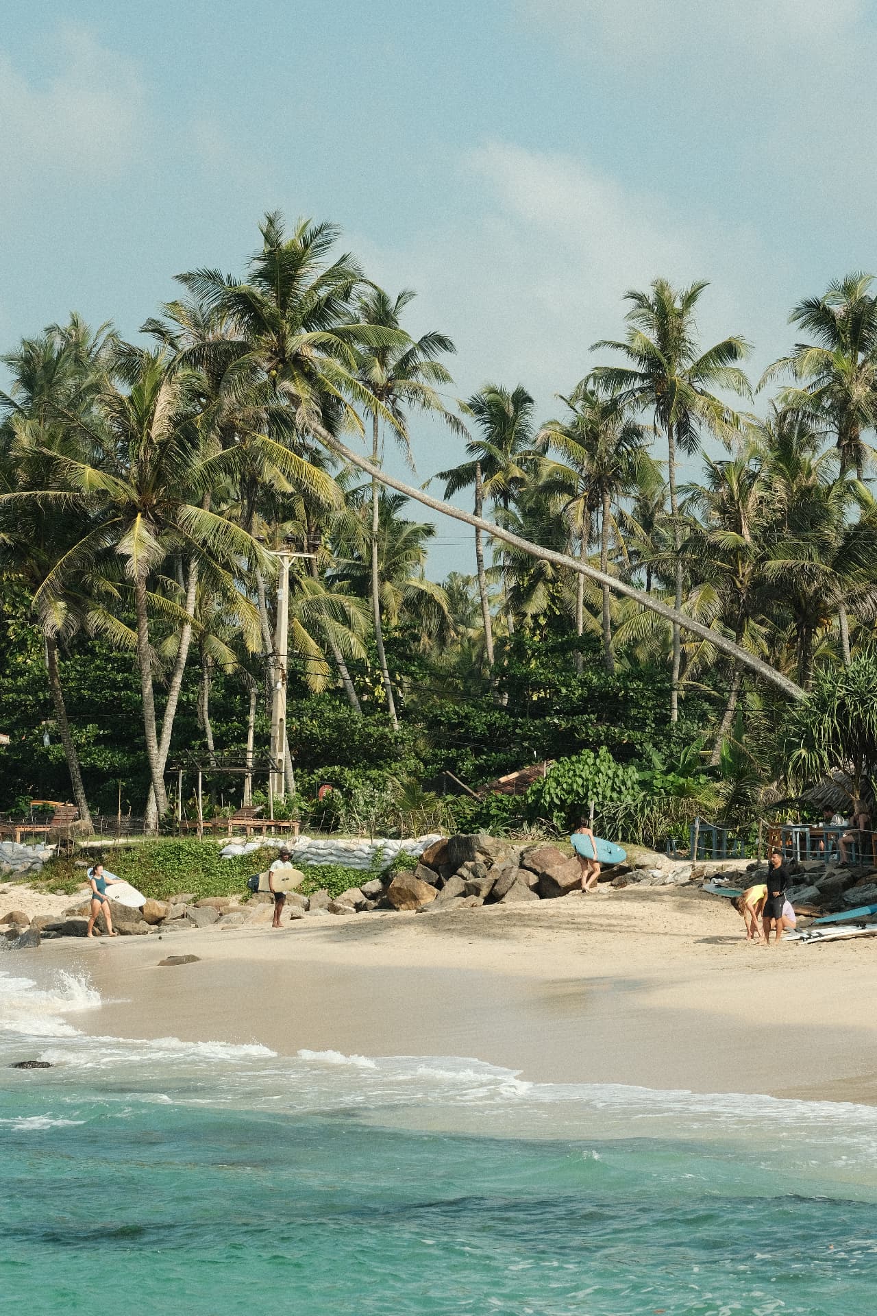 Palm-lined beach with surfers and turquoise water near Ahangama, Sri Lanka
