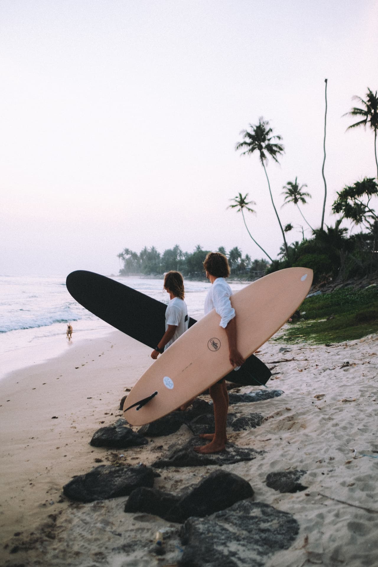 Two surfers walking to the water at dawn with longboards